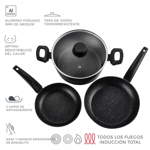 Set 2 sartenes + 1 olla, vivant, negra, aluminio, medidas: sartenes ø20 / ø24 cm y olla ø24 cm